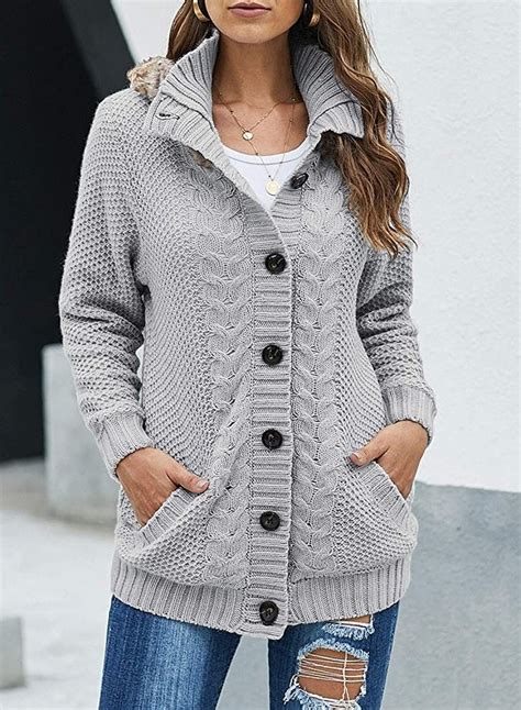 women hooded knit cardigans button cable sweater coat cute sweaters for fall hooded knit