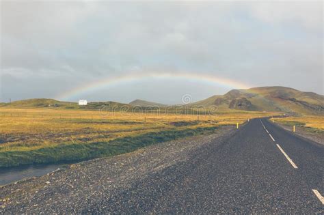 Rainbow And Endless Icelandic Highway Stock Photo Image Of Journey