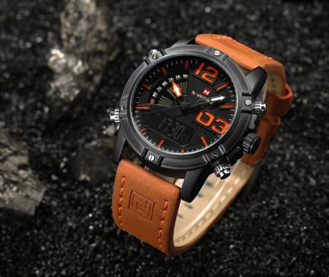NAVIFORCE 9095 Dual Time Analog Digital Leather Strap Band Men's Fashion Sport Watches Men ...