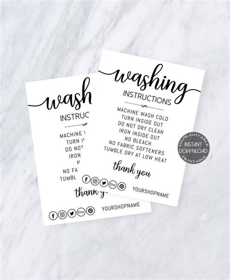 Washing Instructions Care Card I Editable Canva Template I Etsy