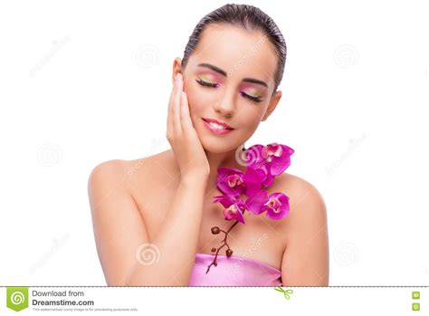 The Beautiful Woman With Orchid Flower Isolated On White Stock Image Image Of Attractive