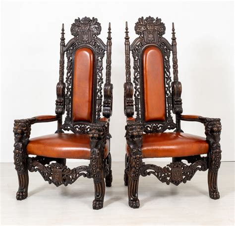 Pair Antique Thrones Carved Oak Italian Renaissance Arm Chairs