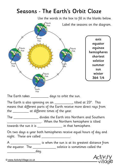 seasons the earth s orbit cloze seasons worksheets earth orbit earth seasons