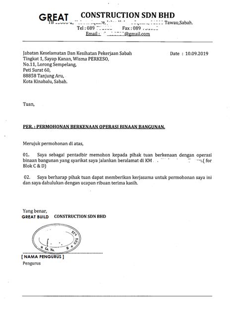 Contoh Surat Pelantikan Syarikat Kontraktor