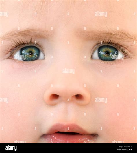 Baby Face Close Up Picture Soft Skin And Impressive Eyes Stock Photo