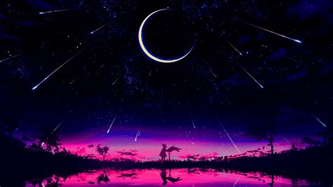 Sunset Moon Phases Night Purple Background Shooting Stars Dark