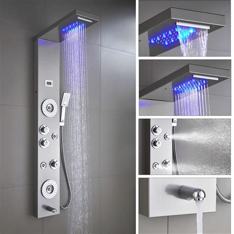 Elloandallo Stainless Steel Shower Panel Tower Systemled Rainfall Waterfall Shower Head 6