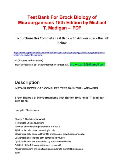 Pfd Test Bank For Brock Biology Of Microorganisms Th Edition By