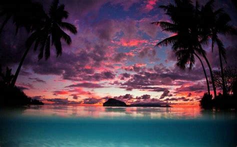 Landscape Nature Tahiti Sunset Palm Trees Island Beach Sea Tropical Sky Clouds