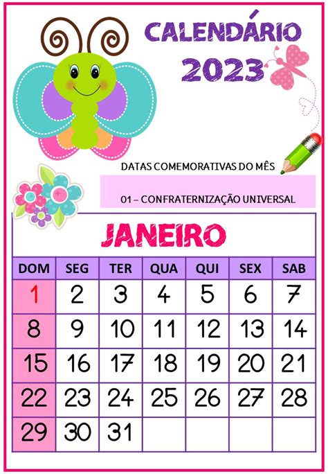 Calendário 2023 Tema Borboletas 🦋 Professora Aline