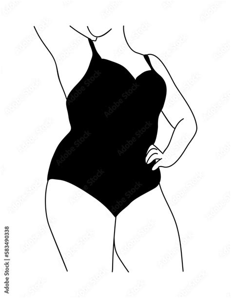 Vetor De Line Art Vector Illustration Of Curvy Woman In Underwear Plus Size Girl In Bikini Body