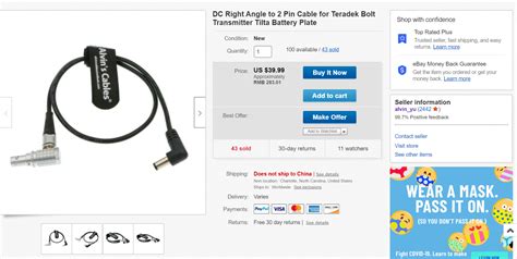 Dc Right Angle To 2 Pin Cable For Teradek Bolt Transmitter Tilta
