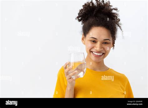 Healthy Lifestyle Smiling Young Woman Holding Glass Of Fresh Clean