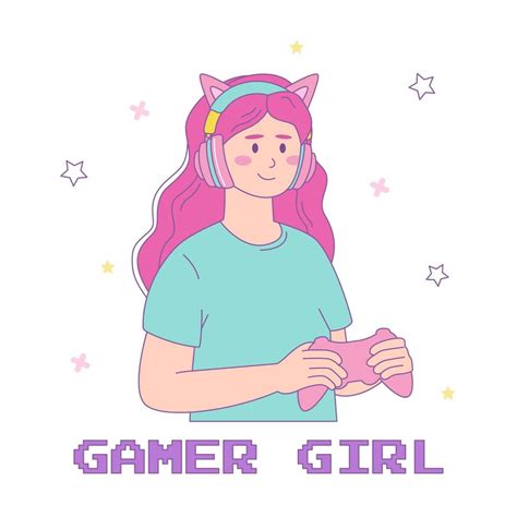 Cute Gamer Girl With Gamepad Wearing Headphones Cat Vector Kawaii