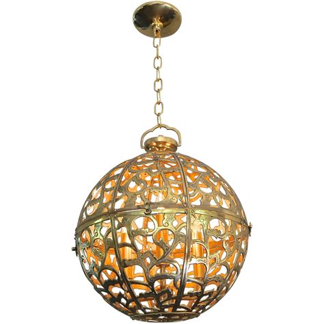 Asian close to ceiling lights. Large Pierced Filigree Brass Japanese Asian Ceiling Pendant Light For Sale at 1stdibs