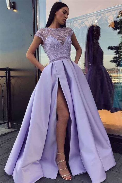 Buy Chic Satin Short Sleeve Scoop Split Beads Purple Slit Open Back Long Prom Dresses Js61