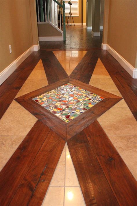Entry Floor Design Distressed Walnut Hardwood Travertine Tiles