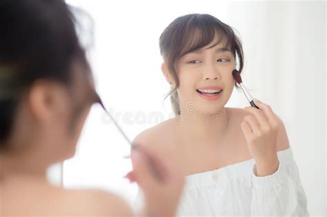 Beauty Portrait Young Asian Woman Smile With Face Looking Mirror
