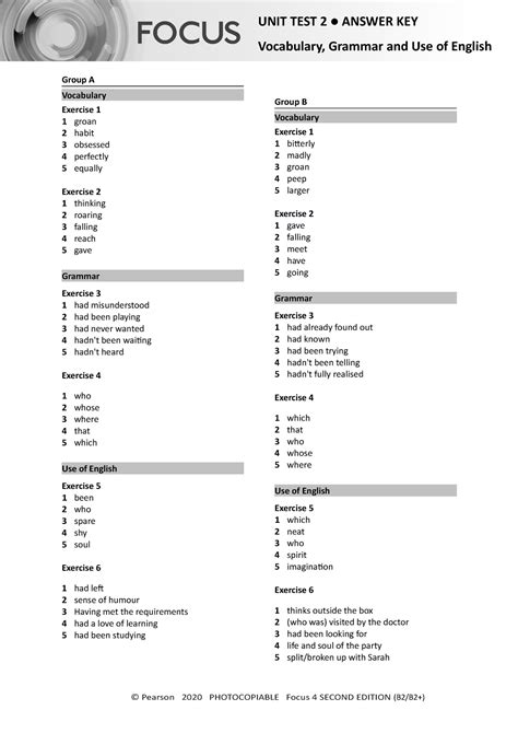 Focus 4 2E Unit Test Vocabulary Grammar Uo E Unit2 Group A B Answers
