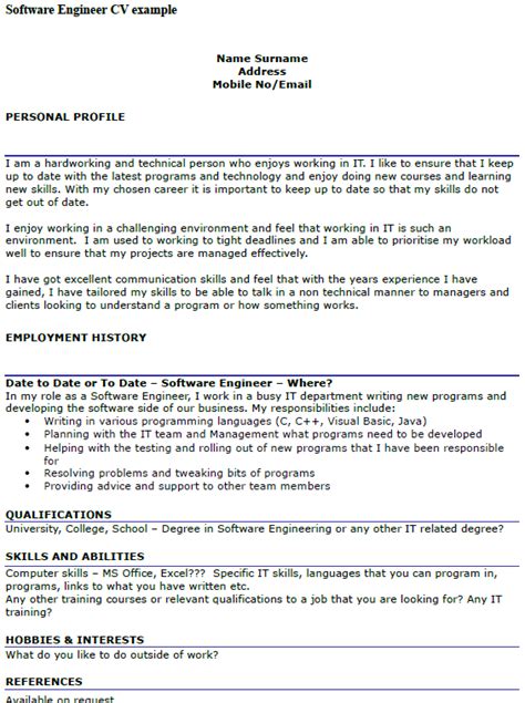 When writing your software engineer cv, focus on your experience working with software and your technical skills in programming and design. Software Engineer CV Example - icover.org.uk