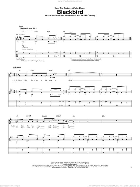 Free free guitar tab sheet music sheet music pieces to download from 8notes.com. Beatles - Blackbird sheet music for guitar (tablature) PDF