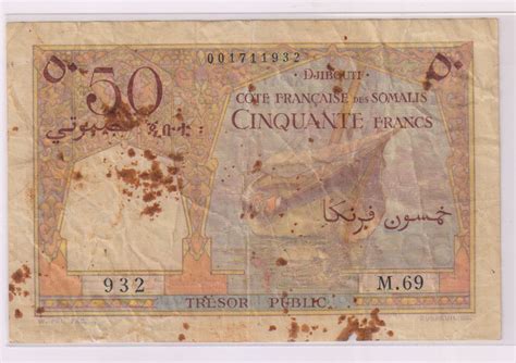 French Somali Coast 50 Francs 1952 Currency Note Stain Kb Coins