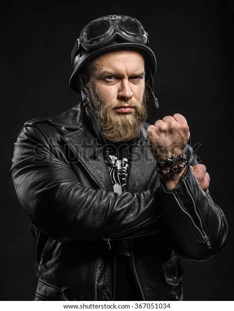 Angry Bearded Biker Man Leather Jacket Stock Photo 367051034 Shutterstock