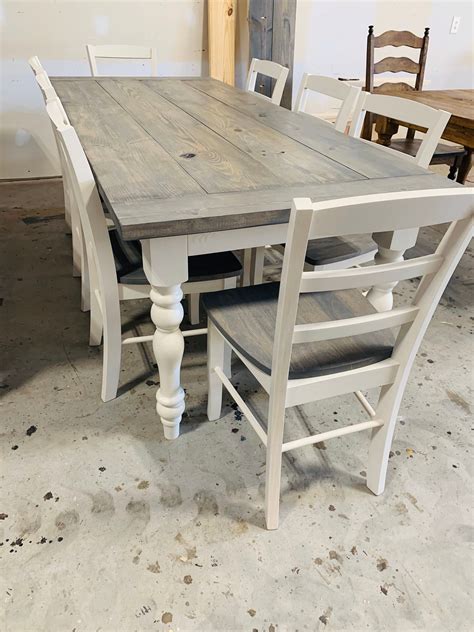 Ft Rustic Farmhouse Table With Turned Legs Chair Set Classic Gray Top And Antique White Base