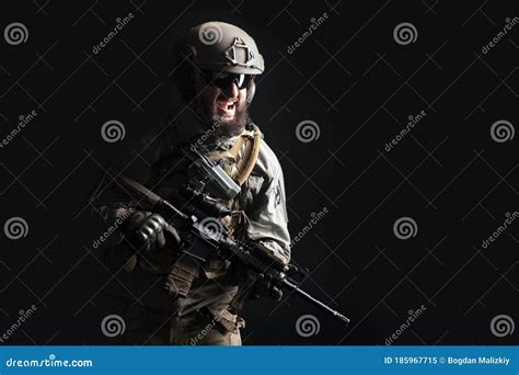American Commando In Military Equipment And Arms Running At Night
