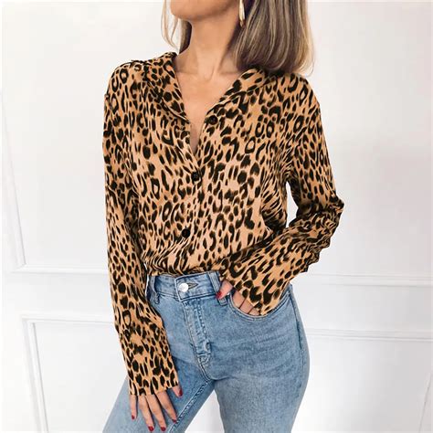 women blouses ladies fashion leopard print loose long sleeve v neck sexy tops blouses female