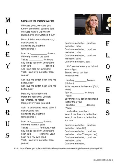 Miley Cyrus Flowers Song And Nurse English ESL Worksheets Pdf Doc