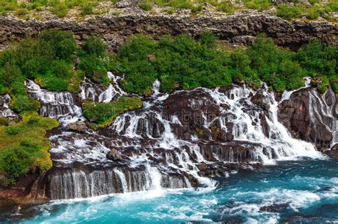 Iceland Hraunfossar Waterfalls In A Beautiful Summer Day Stock Photo