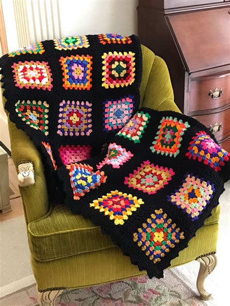Colorful Black Crochet Wool Afghan Granny Square Pattern Etsy Crochet Wool Granny Squares