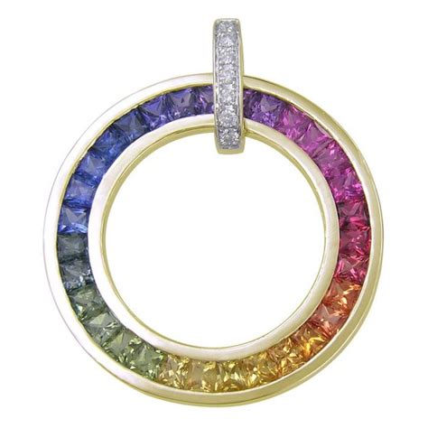 Rainbow Sapphire Diamond Large Circle Pendant K Yellow Gold Ct Tw