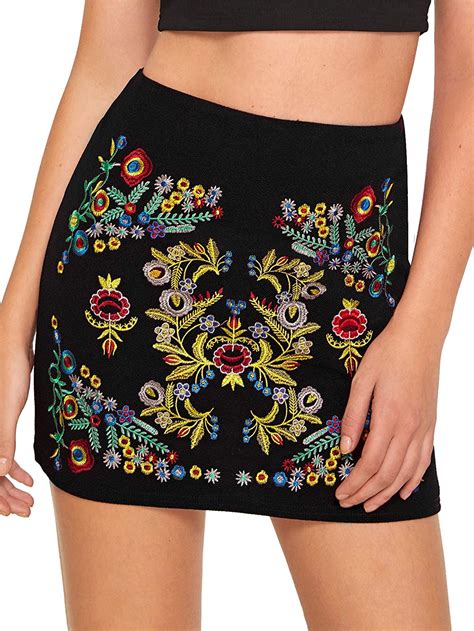shein women s casual floral embroidered bodycon short mini skirt ebay