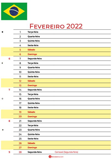 Calendário De Fevereiro De 2022 Brasil Feriados