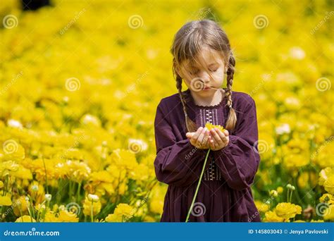 Cute Little Girl With Wildflowers On Nature Stock Image Image Of