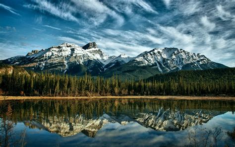Canada Alberta Mountains Blue Sky Clouds Forest Trees