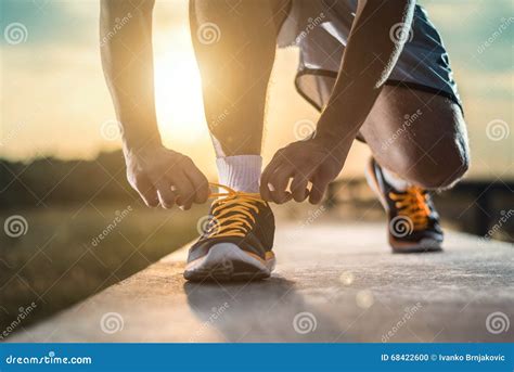 Close Up Shot Of Runner S Shoes Stock Photo Image Of Muscular Healthy