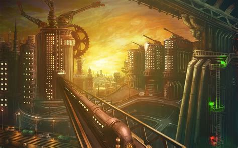 Wallpaper Steampunk Cityscape Sunset Urban Roads Train Futuristic