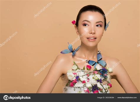 Beautiful Tender Naked Asian Girl Flowers Butterflies Body Isolated