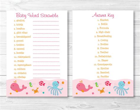 If you're looking for a super cute and fun baby shower word scramble game that is a free printable (and also comes with an answer key), . Pink Under The Sea Printable Baby Shower "Baby Word ...