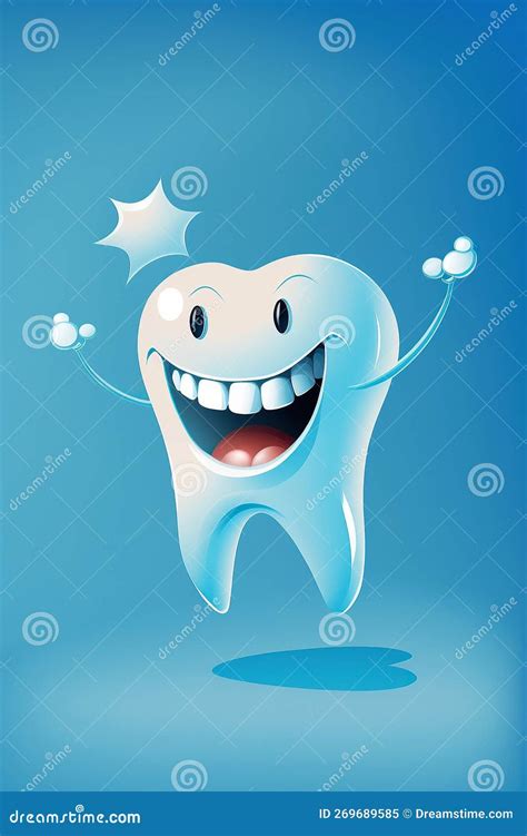 White Happy Tooth In Cartoon Style On Blue Background The Concept Of