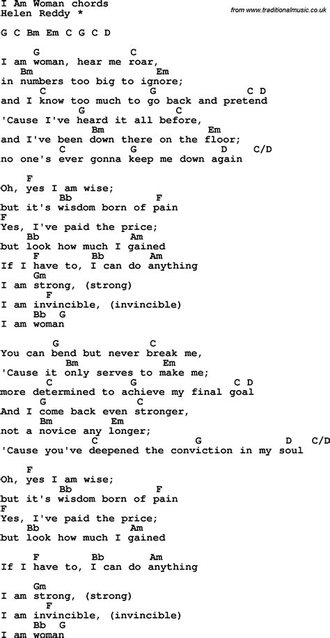 Song Lyrics With Guitar Chords For I Am Woman