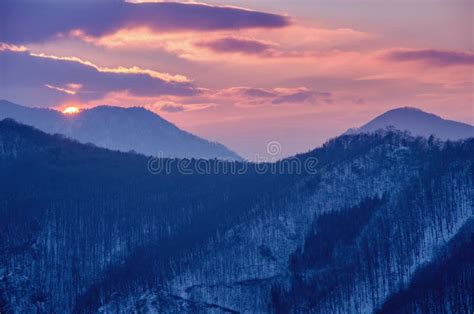 Sun Set In Mountains With Winter And Cold Scenery Stock Image Image