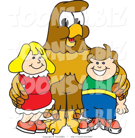 Vector Illustration Of A Cartoon Hawk Mascot Character With Children By