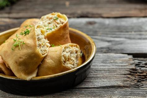Savory Crepe Rolls Stuffed Pancakes With Ground Meat Filling