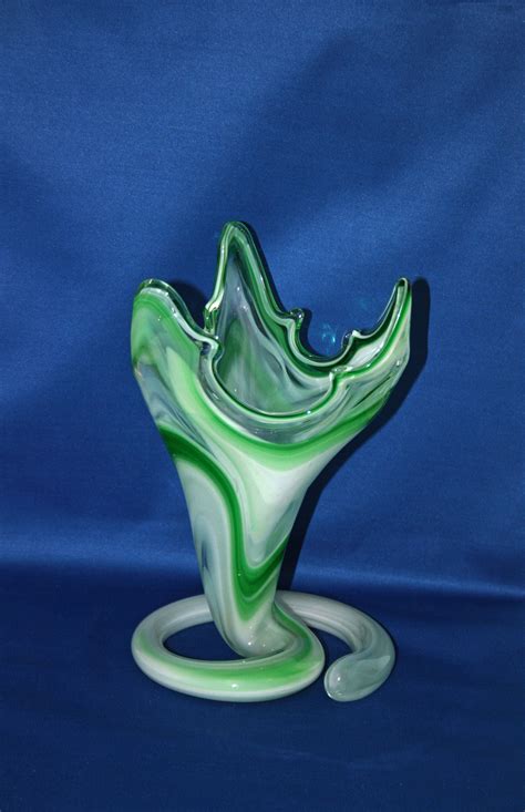 Vintage Murano Venetian Art Glass Vase Free Form Variegated Green And White Glass Sculpture Made