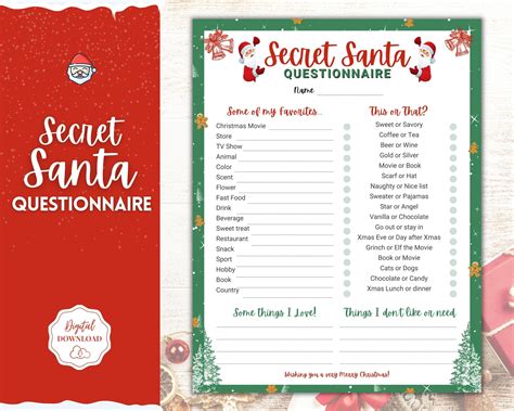 Printable Secret Santa Questionnaire Holiday T Exchange Etsy