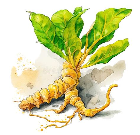 Fresh Turmeric Curcuma Root With Leaves Over White Background